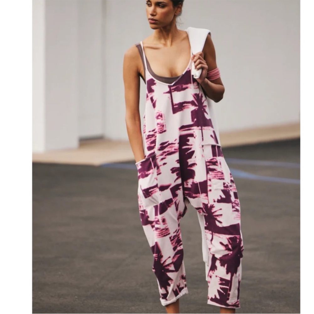 Free People White and Plum Printed Relaxed Jumpsuit